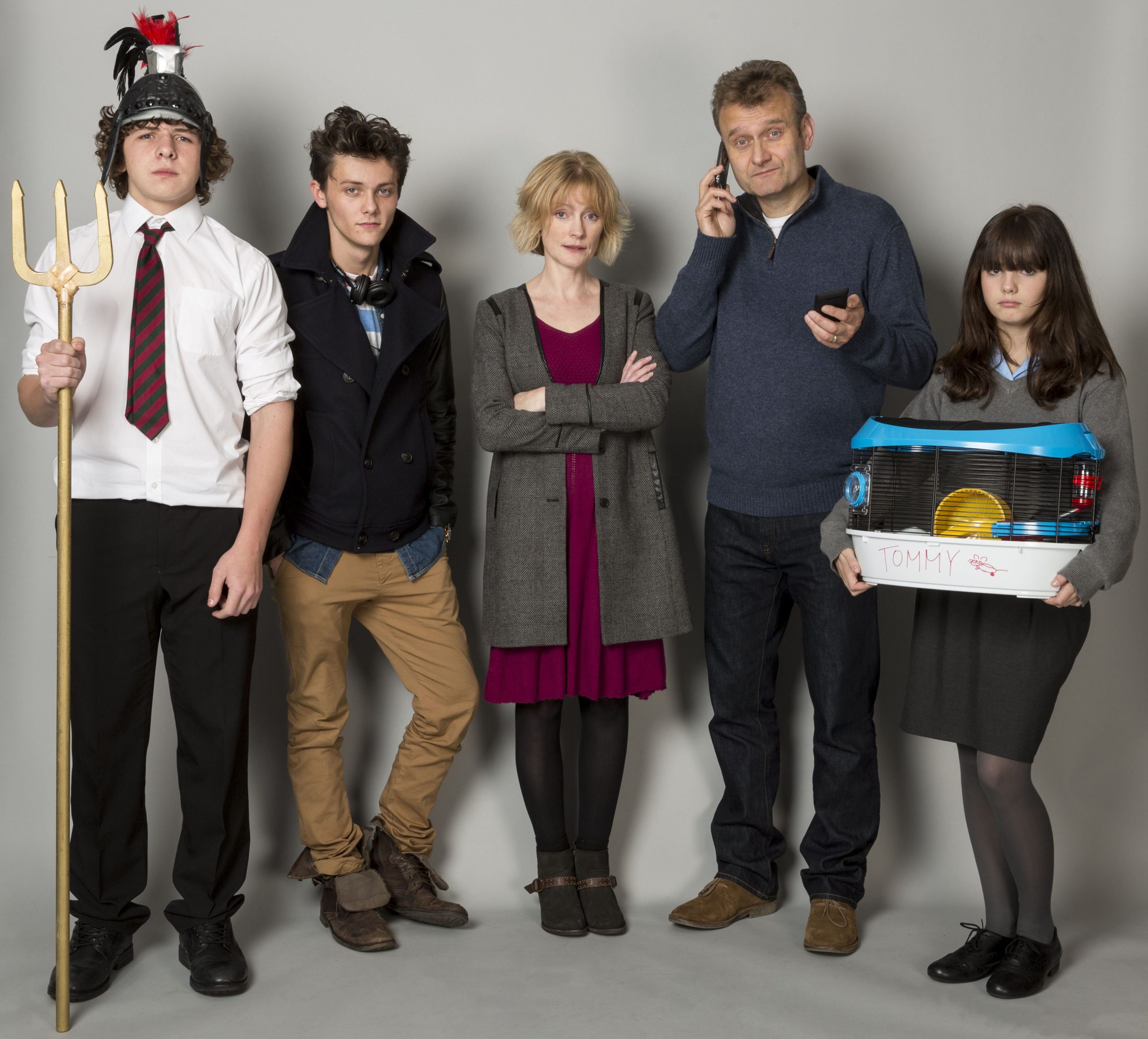 Outnumbered is to return for a Christmas special. Left to right,  Daniel Roche, Tyger Drew-Honey,  Claire Skinner, Hugh Dennis and Ramona Marquez